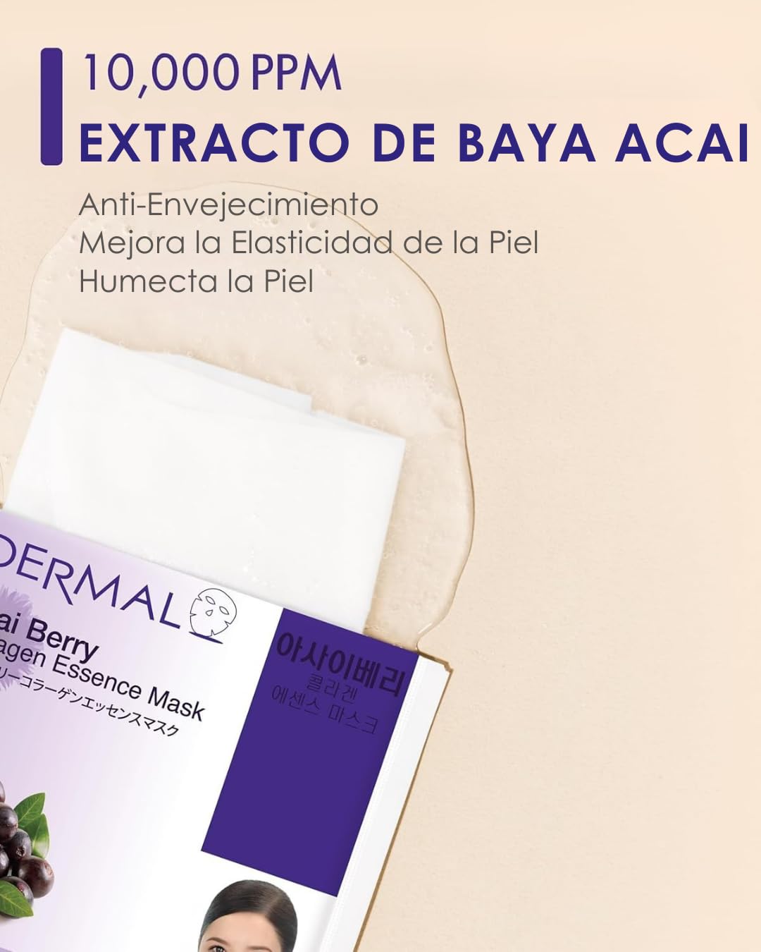 DERMAL Korea 10 Mascarillas Acai Berry con Colágeno y Extracto de Açaí