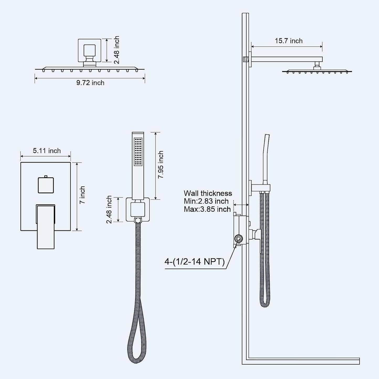 Grifos Ducha Empotrados Set- UCMDA Sistema de Ducha Inteligente Mezclador, Regadera Negro para Baño, Cabeza de Ducha Cuadrada de 10 Pulgadas y Rociador Ducha Mano Incluida Válvula Empotrada Kit