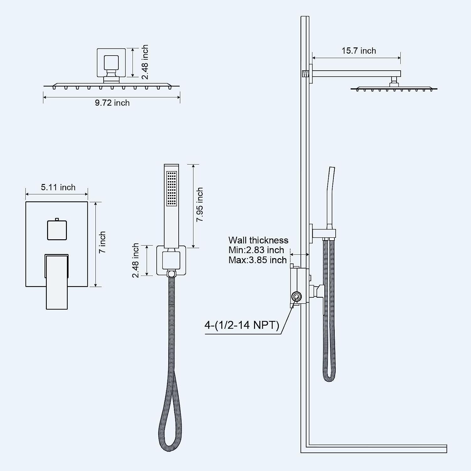 Grifos Ducha Empotrados Set- UCMDA Sistema de Ducha Inteligente Mezclador, Regadera Negro para Baño, Cabeza de Ducha Cuadrada de 10 Pulgadas y Rociador Ducha Mano Incluida Válvula Empotrada Kit