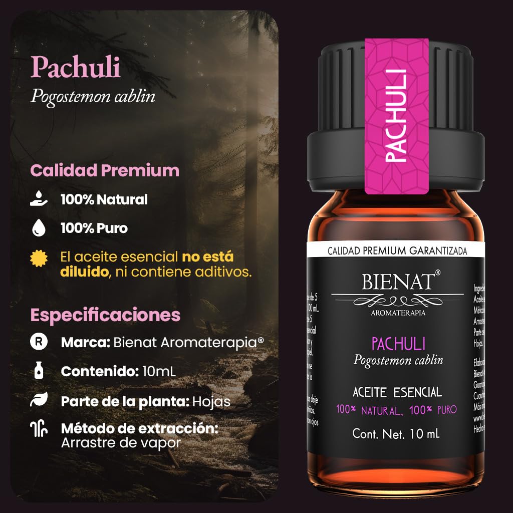 BIENAT AROMATERAPIA Aceite Esencial de Pachuli 10mL | 100% Puro y Concentrado | Ideal para Difusor de Aromas, Humidificador, Aromaterapia, Masajes, Meditación, Jabones y Velas | Esencia Natural en Gotas