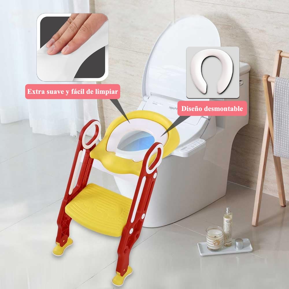 Baño Entrenador Niño, Asiento Entrenador para Baño con Tapizado y Escalera Antideslizante, Plegable Escalera para Baño Niños, Fácil de Guardar, Asiento Ergonómico, Edad de 3 a 10 Años, Rojo Amarillo