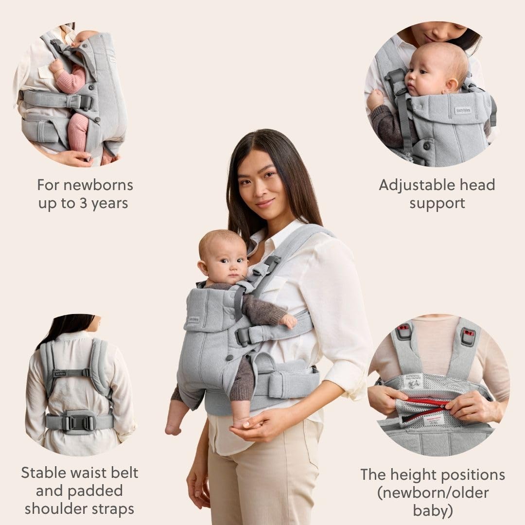 BabyBjörn Canguro Portabebé Harmony, Tejido Jaspeado, Gris claro | Ergonómico, para recién nacidos hasta los 3 años (3.2–15 kg), 4 posiciones, posición de piernas ajustable, suave y cómodo