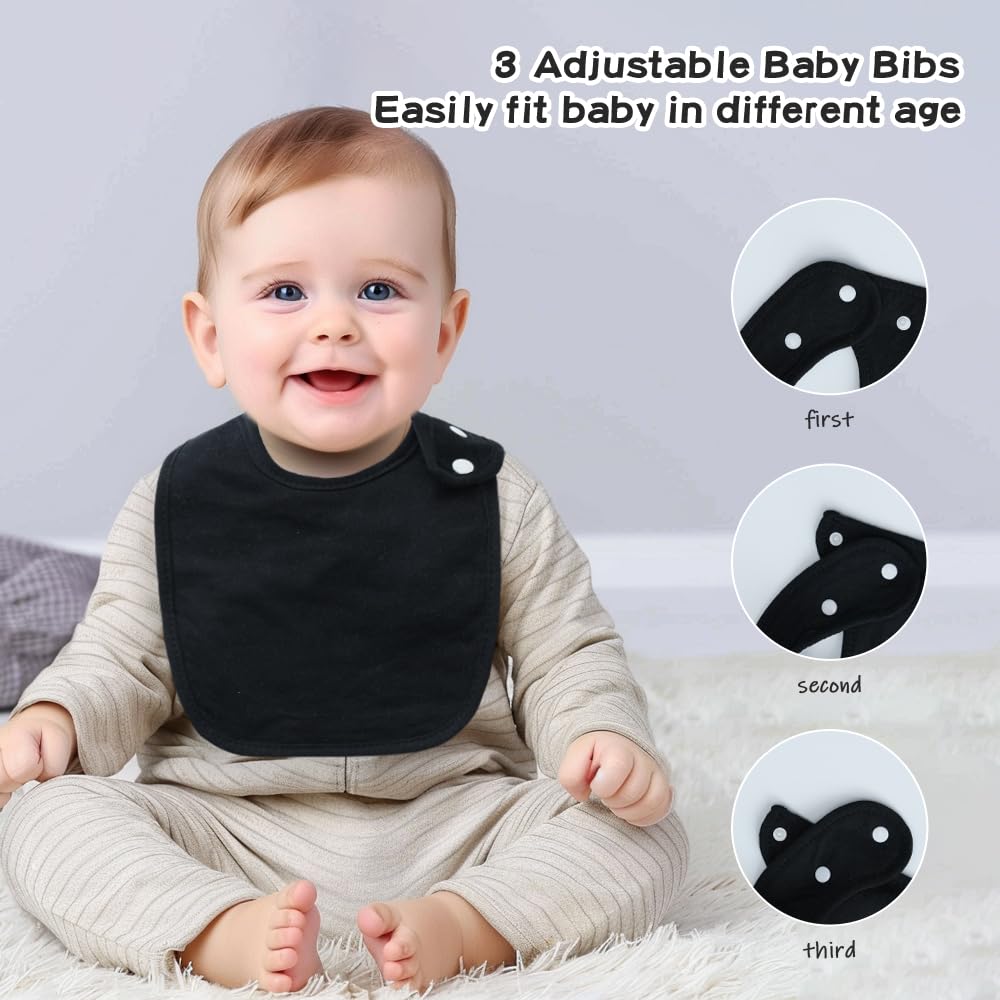 lazyrhino - Paquete de 8 baberos unisex ajustables con broches de presión ultra suaves y absorbentes para la dentición para niños y niñas (negro)