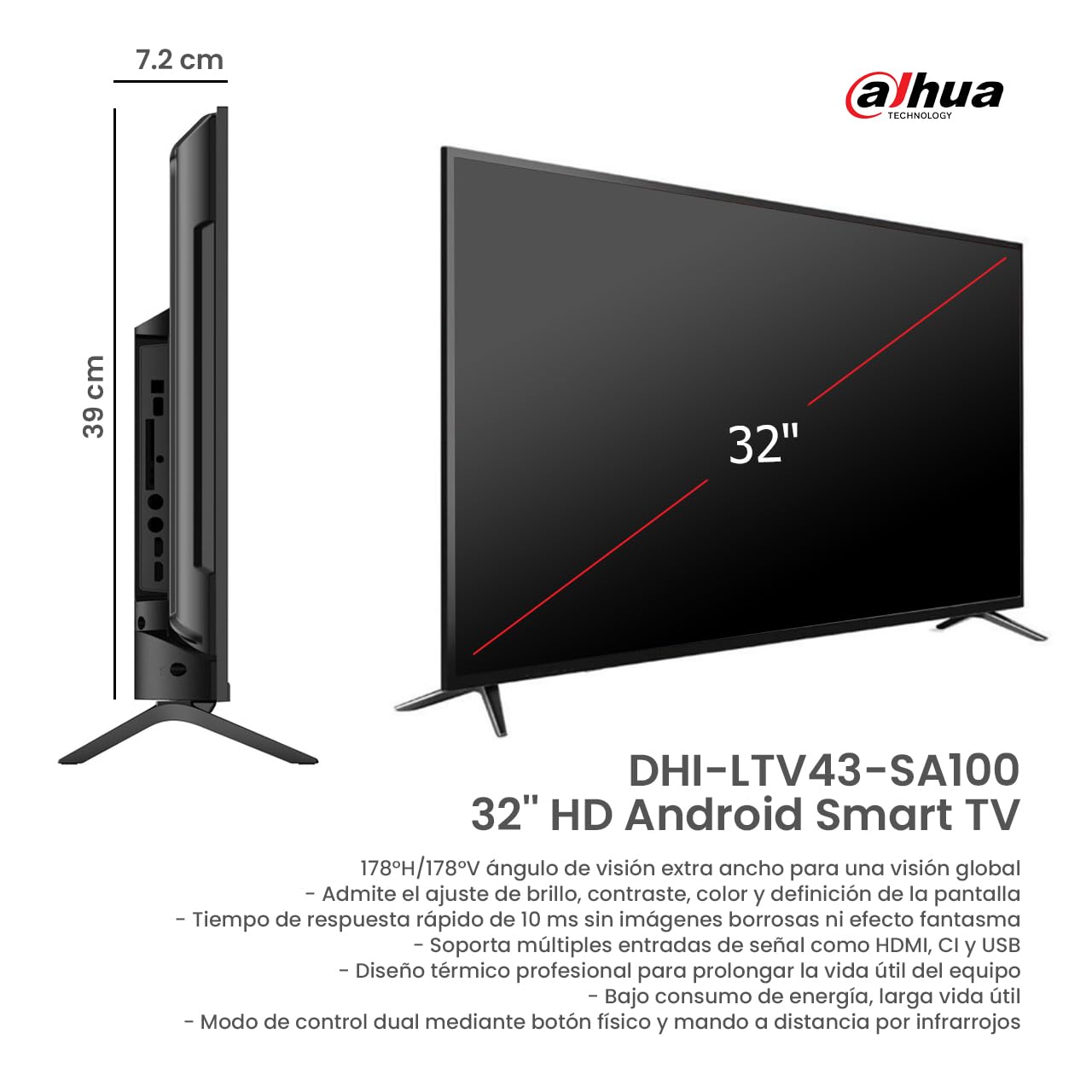 Dahua Smart TV 32” HD Android TV | WiFi | Frameless | Youtube, Netflix y Más | HDMI, USB, Bluetooth | Bajo Consumo Energético | Televisión Inteligente