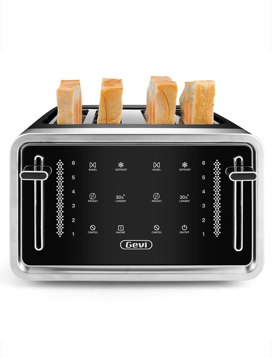Gevi Toaster 4 Slice,Led Display Touchscreen Bagel Toaster with Dual Control Panels of Bagel/Reheat/Defrost/Cancel/Toasting One Slice/Longer Function,6 Shade Setting