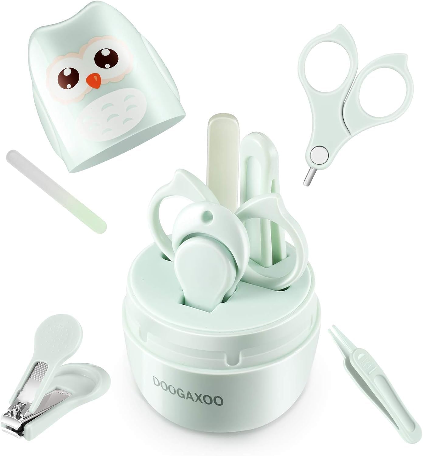 DOOGAXOO Kit de cortaúñas para bebé, 4 en 1, set de cuidado de uñas para bebé, con lima de uñas, tijeras y pinzas, kit de manicura para bebé y pedicura para recién nacido, niños, búho verde