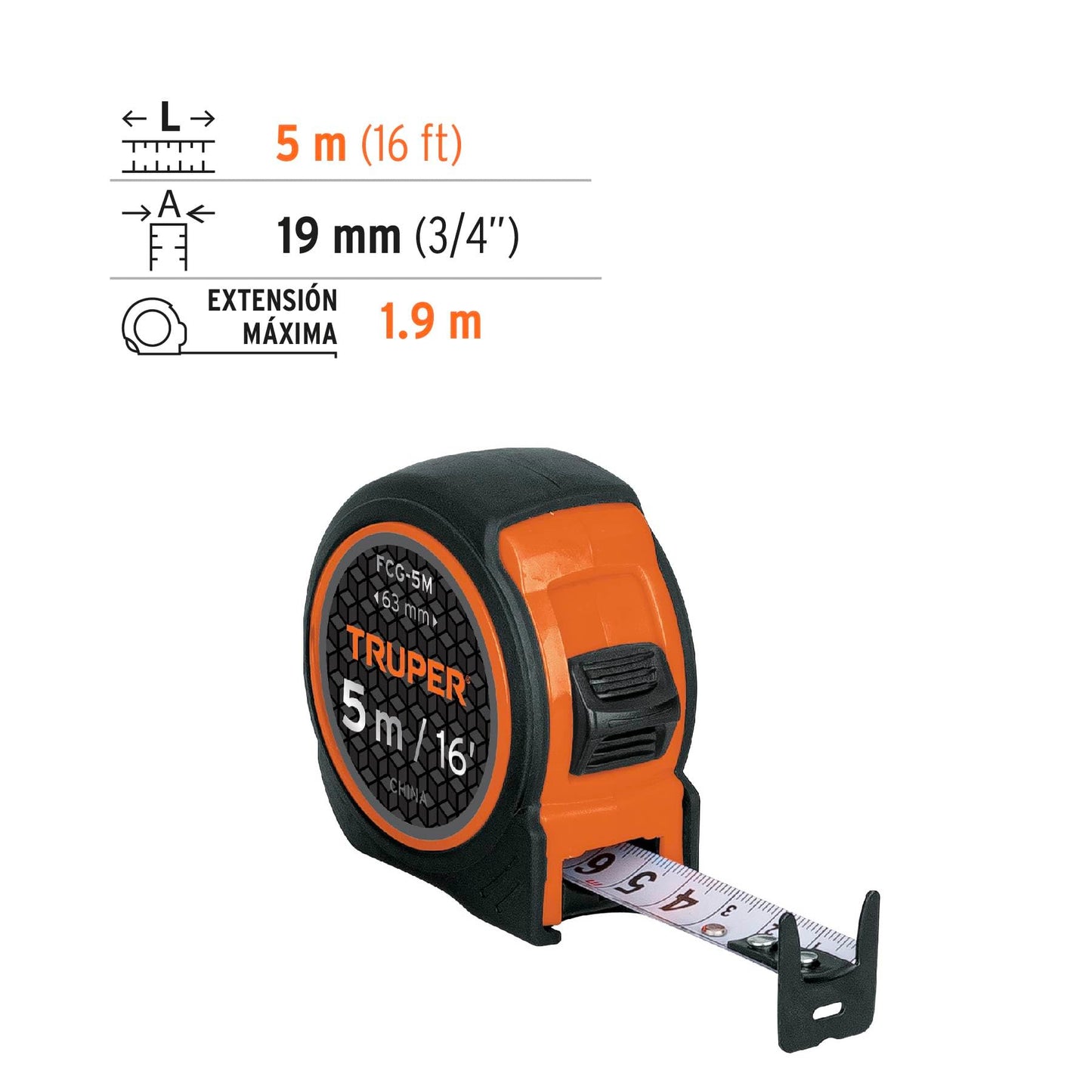 Flexómetro Compacto Truper Naranja Antigolpes Cinta 5 m