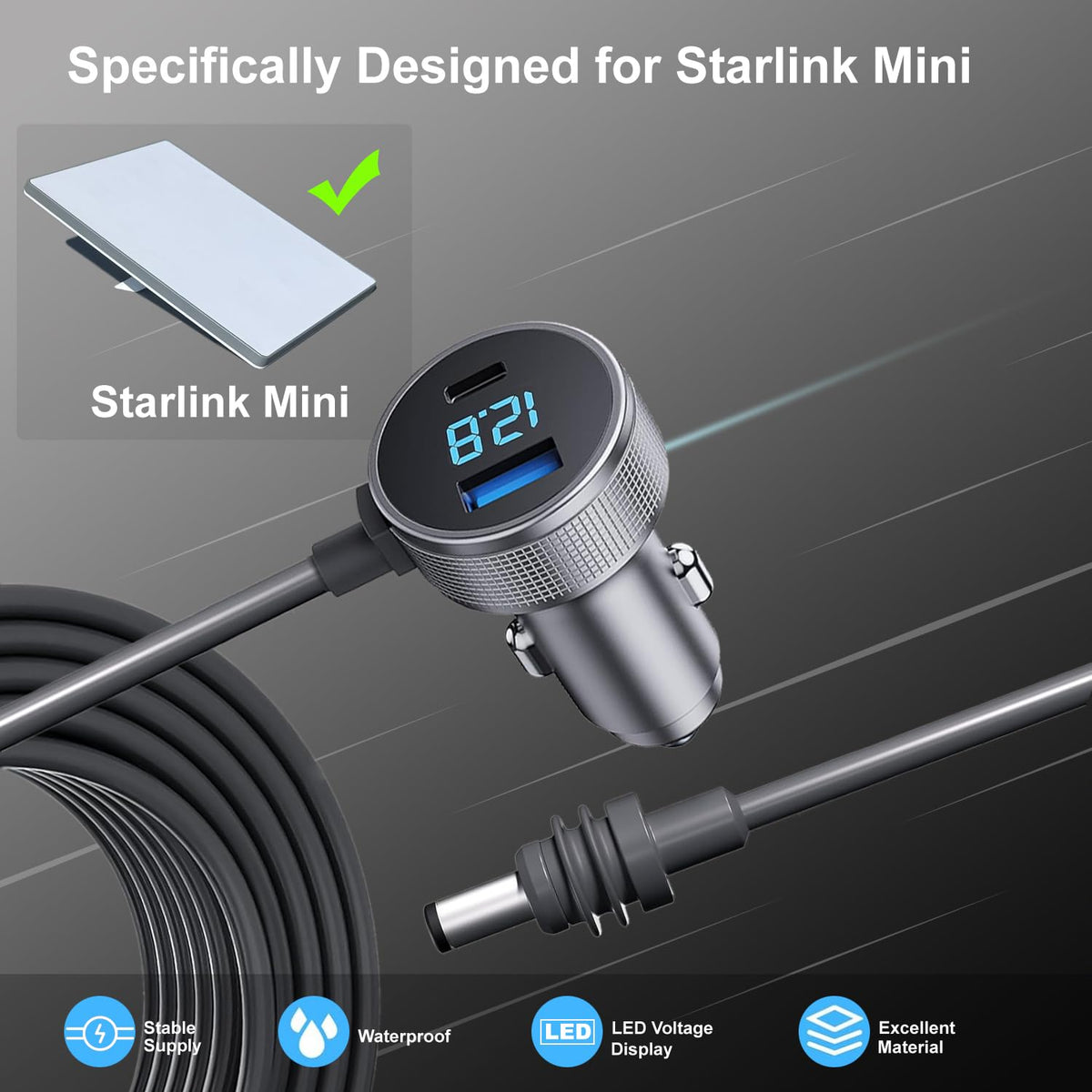 Cable de Alimentación rvicees Negro para Coche Starlink Mini con Pantalla Digital y Puerto US