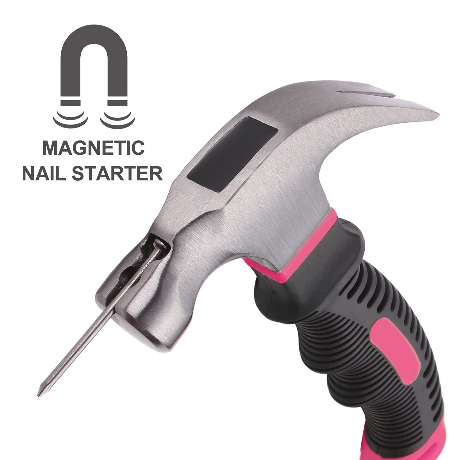EFFICERE - Martillo rechoncho multiuso de 8 onzas, color rosa con iniciador de uñas magnético, rosa para niñas, mujeres y mujeres, ideal para proyectos domésticos generales, cochera, recámara universitario, oficina y más