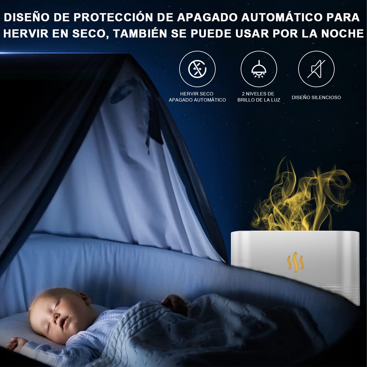 INGEQUIS Difusor de Lámpara Nocturna con Forma de Llamas, 2 Modos de Brillos Ajustables, Humidificación Silenciosa de 180ml, Lámpara Nocturna Decorativa (Blanco-Cálido)