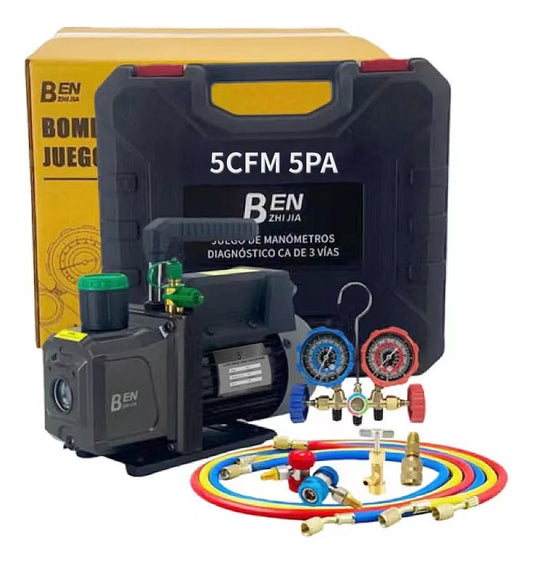 FIXITFAST 5cfm 1/3hp Bomba De Vacío + Manómetro R134a/r22/r410a/r404a juego de manómetros de colector de 4 vías para refrigerantes para refrigeración HVAC A/C recarga y mantenimiento, sin aceite