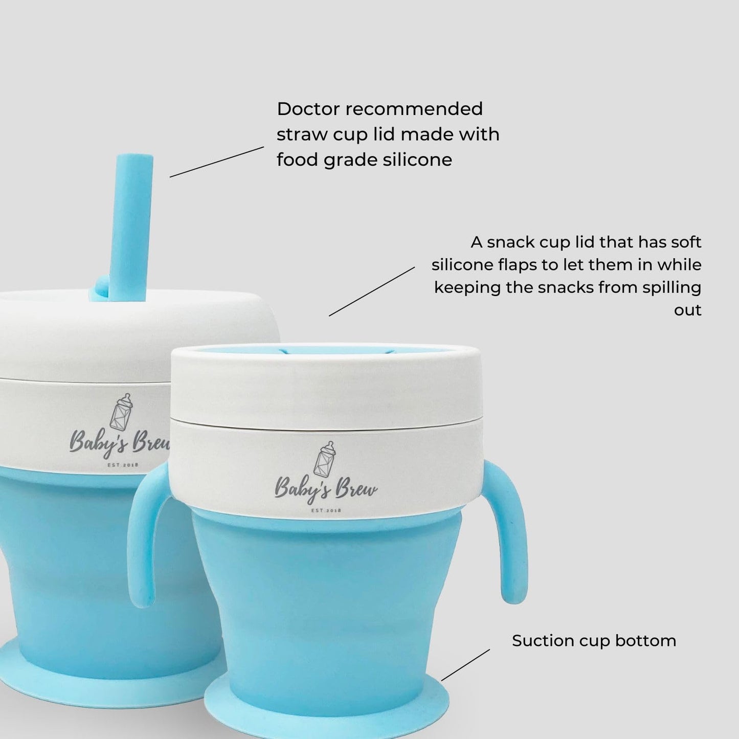 Baby's Brew The 2 en 1 - Taza plegable para aperitivos y pajita, color azul