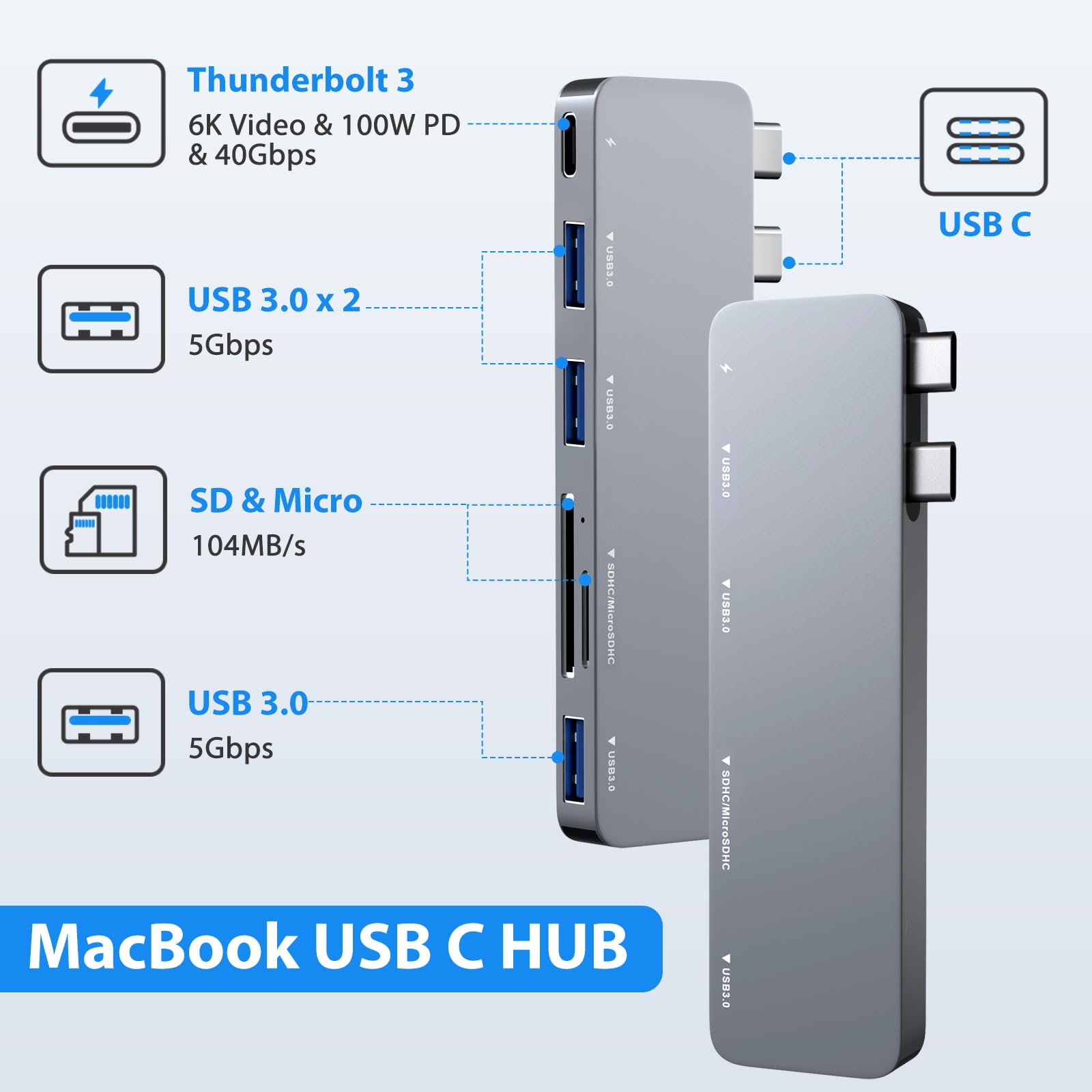 Hertekdo Hub USB C, 6en1 Tipo C Hub Adaptador Multipuerto USB C, 3 USB3.0, Multifuncional Tipo C, Lector Tarjeta SD/TF, USB C Hub Compatible con MacBook, MacBook Pro, MacBook Air, Plug-and-Play
