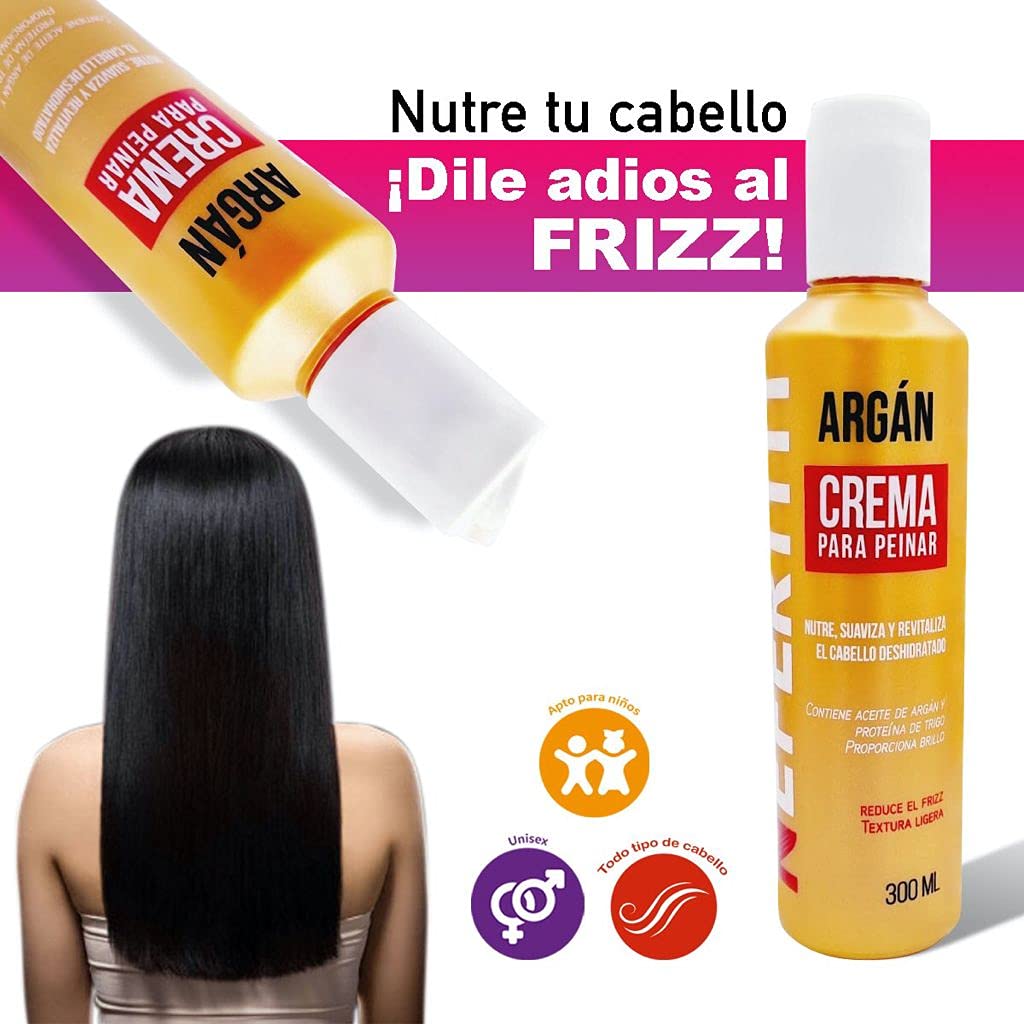 Crema para Peinar con Aceite de Argán Nefertiti para Cabello Extremadamente Seco, Opaco y sin Brillo, Reduce Efectivamente el Frizz, Nutre, Suaviza y Revitaliza, Hidratante para Cabello, 300ml.