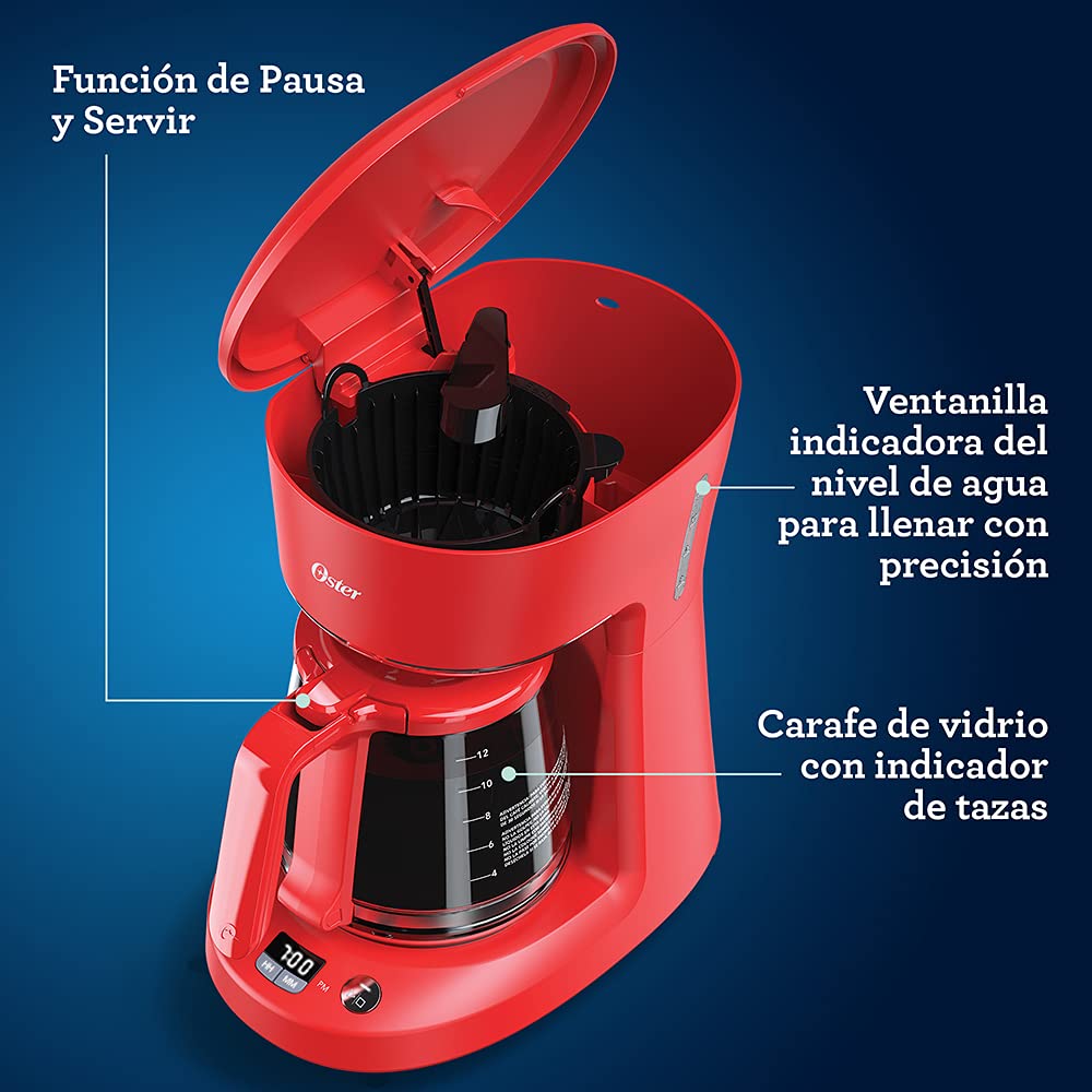 Cafetera Oster roja sistema programable 12 tazas con reloj digital