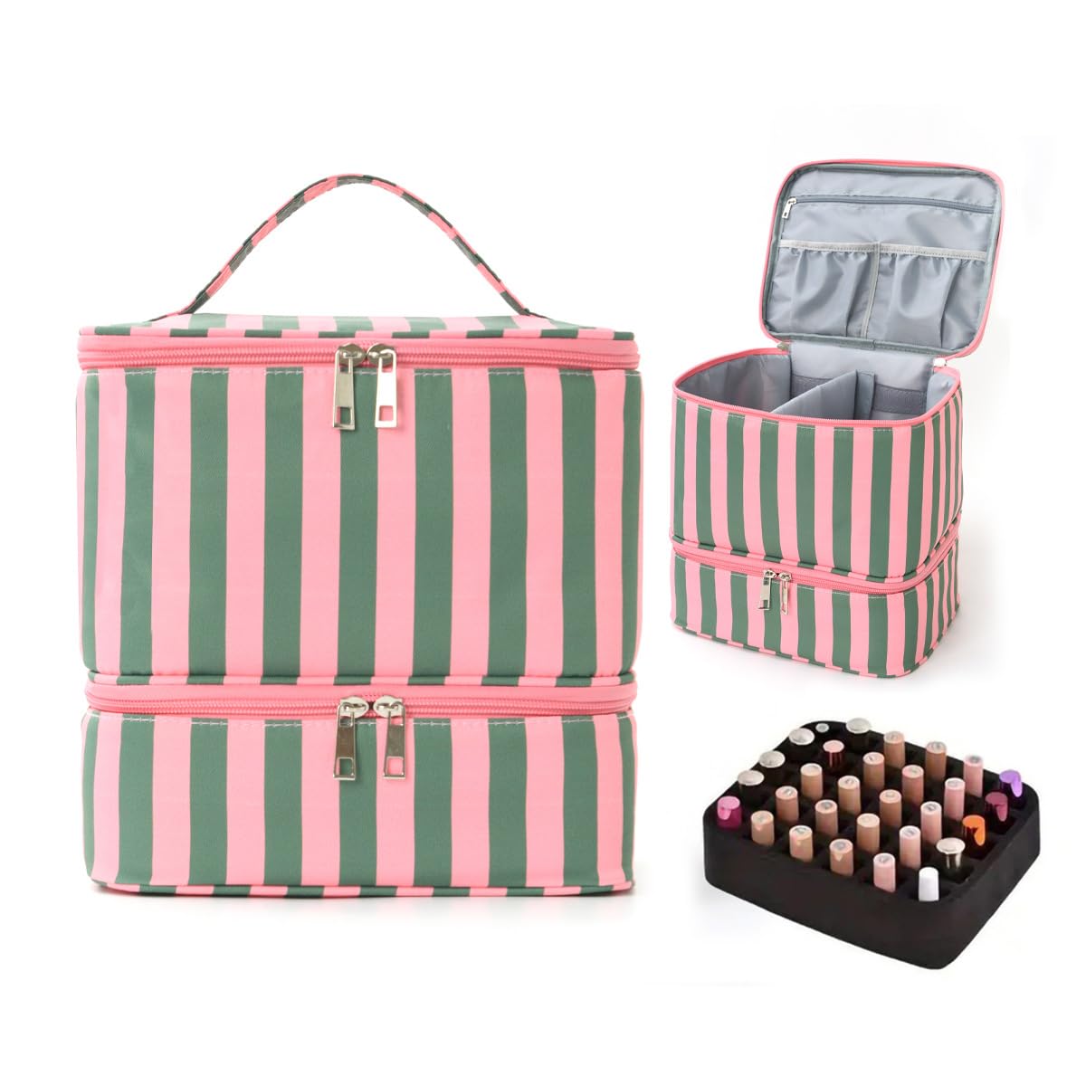Cohawk - Bolsa organizadora de esmalte de uñas a rayas con capacidad para 30 botellas, 2 capas, estuche de almacenamiento, Verde y Rosa, 9.6 x 9.6 x 7.9 inches, Casual