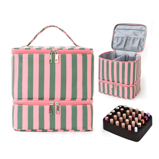 Cohawk - Bolsa organizadora de esmalte de uñas a rayas con capacidad para 30 botellas, 2 capas, estuche de almacenamiento, Verde y Rosa, 9.6 x 9.6 x 7.9 inches, Casual