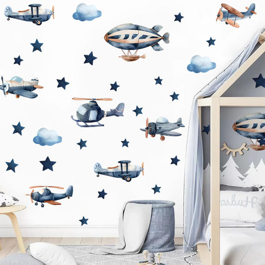 Calcomanías de Pared Aviones con Helicópteros y Nubes para Habitación de Niños