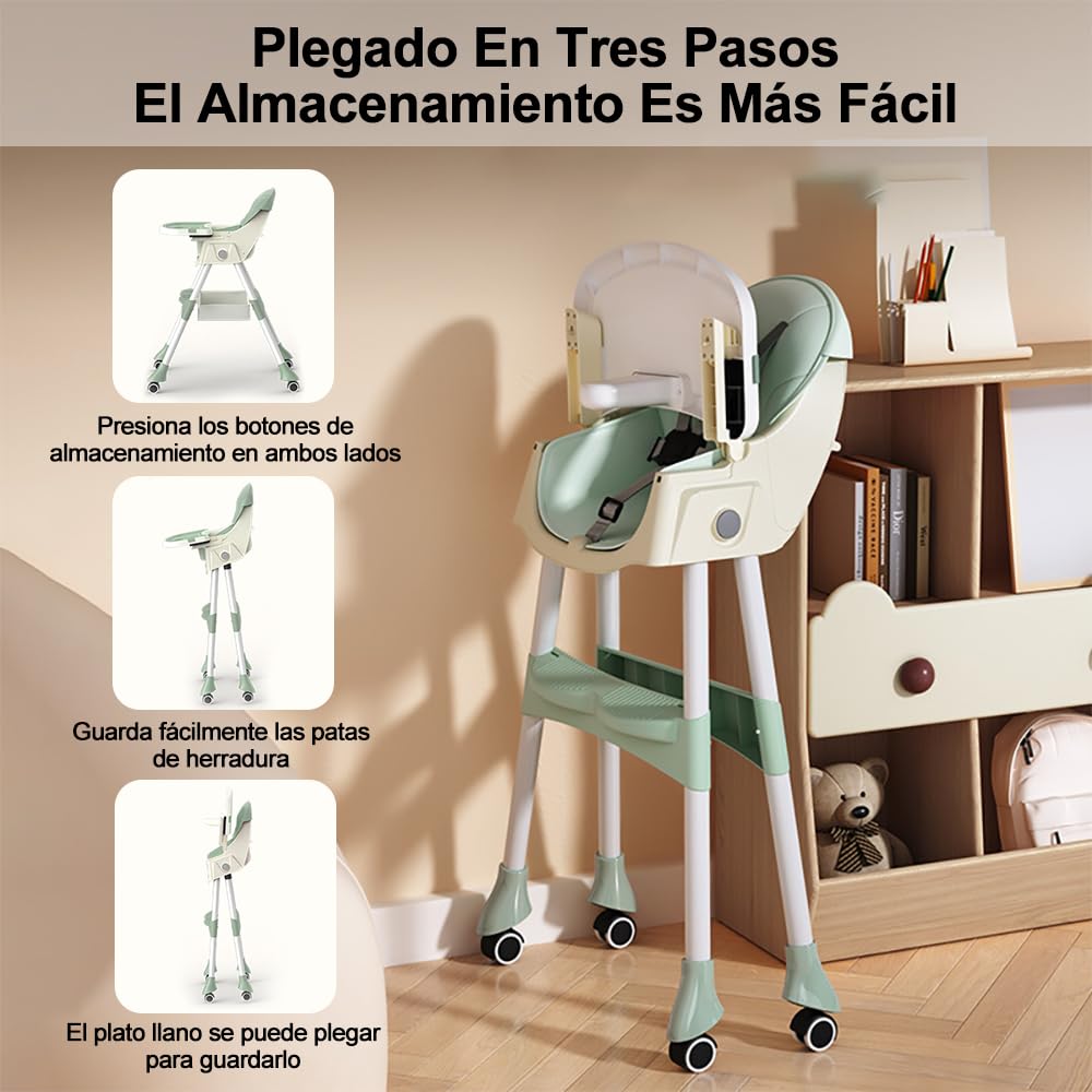 SLNXA Silla Alta para Bebé Multifuncional: Sillón y Mecedora en Uno con Ruedas Universales, Plato Llano Doble Extraíble, Cesta de Almacenamiento y Cojín de PU, Ajustable Plegable (Verde)