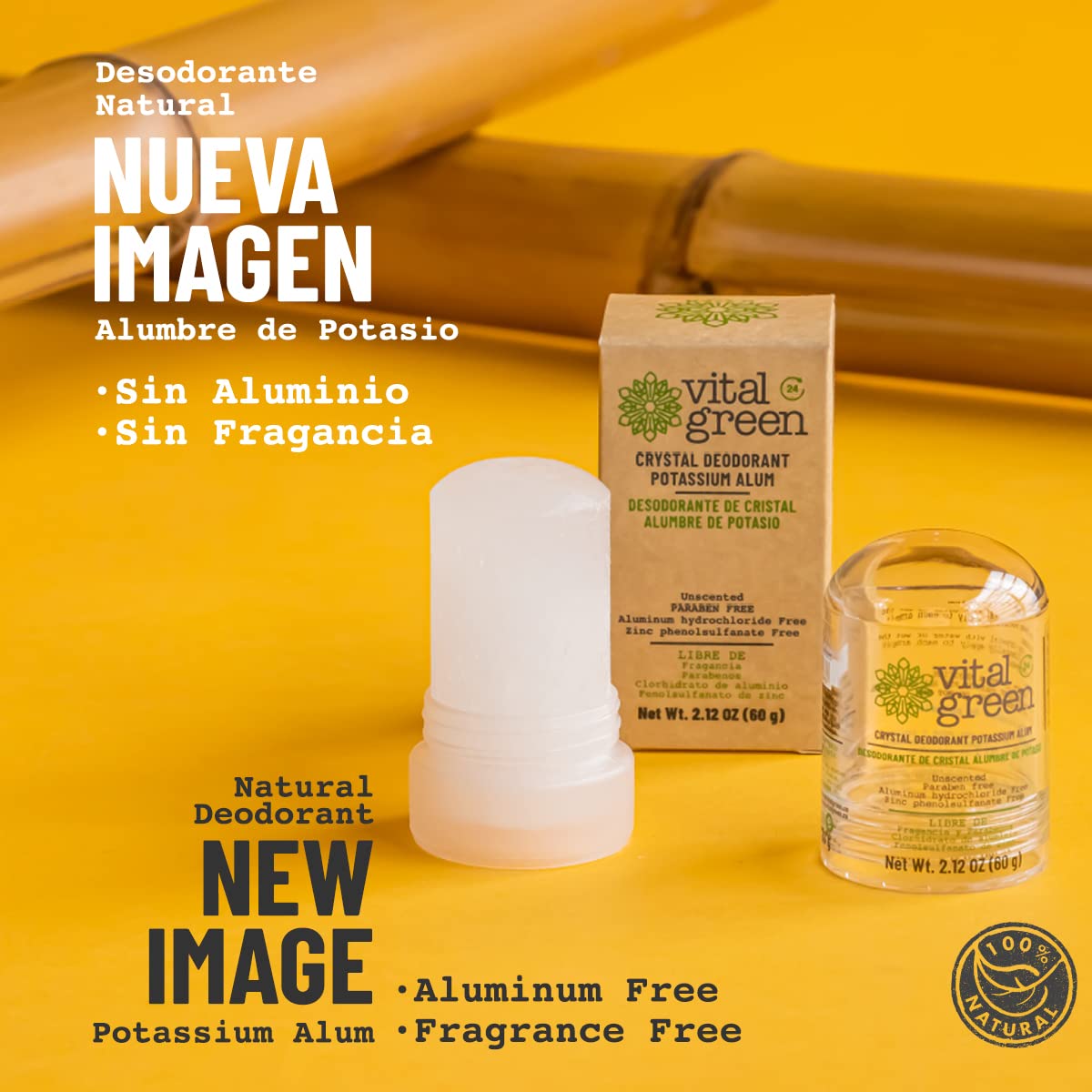 Vital Green - Desodorante Natural de Piedra Cristal de Alumbre de Potasio, Sin Parabenos y Sin Alcohol. Elimina El Olor y No Mancha, Presentación 60 g - 2.1 oz (2 Piezas)