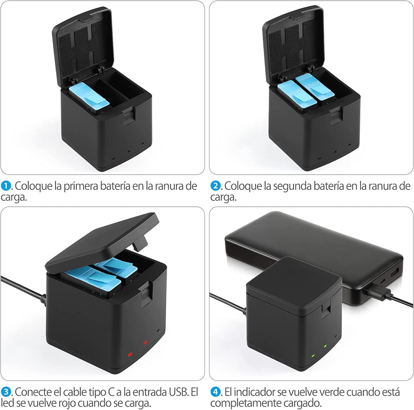 Baterías PHTEGI Gopro Hero 12/11/10/9 Black 1800mAh con Cargador rápido USB 3 Canales Paquete de 2