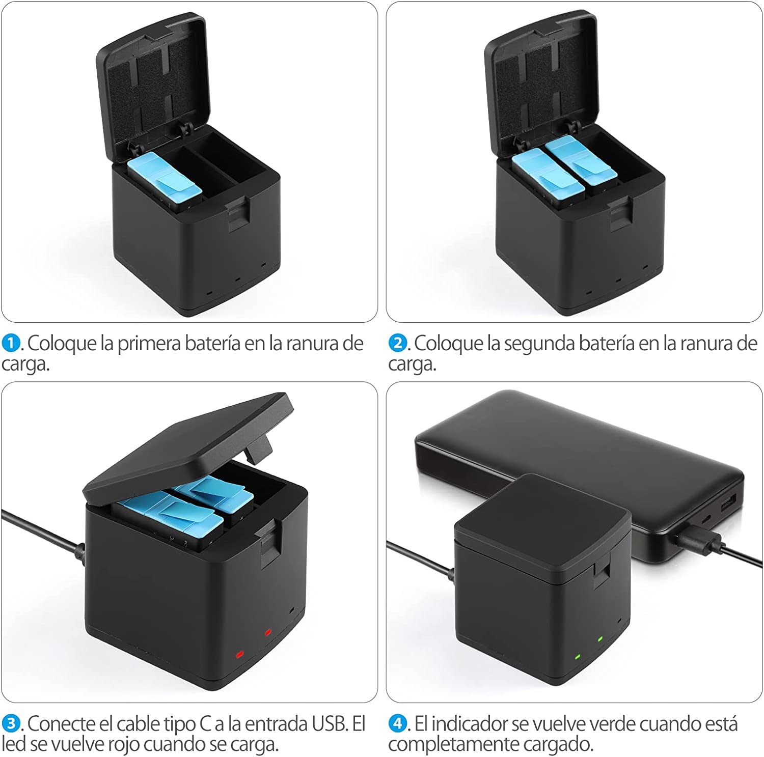 Baterías PHTEGI Gopro Hero 12/11/10/9 Black 1800mAh con Cargador rápido USB 3 Canales Paquete de 2