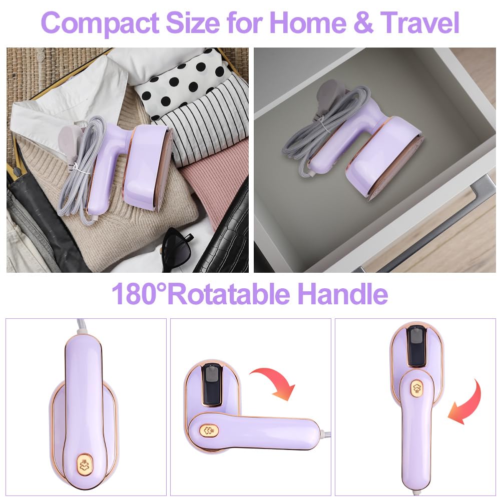 AUAUY Plancha de Vapor Mini, 1000 W, Plancha de Viaje portátil, Plancha de Mano con depósito de Agua de 100 ml, Planchado seco y húmedo, Vapor pequeño, para el hogar y los Viajes (Morado)
