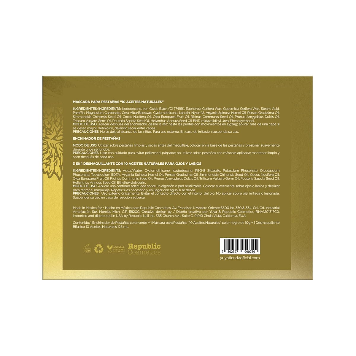 YUYA Jardín Vivo Set de Pestañas Enchinador + Máscara “10 Aceites Naturales” Color Negro + Desmaquillante Bifásico | Define, Riza y Remueve Maquillaje de Larga Duración