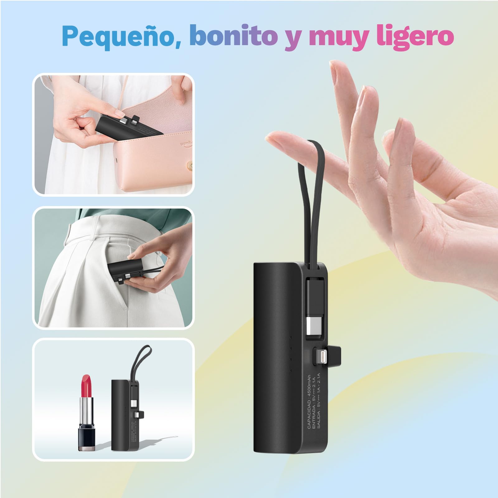 GENGXIN 4500mAh Mini Power Bank Portátil para iPhone con Cable Integrado, Batería Portátil Salida Tipo C y Soporte de Teléfono, Compatible con iPhone, Samsung, Xiaomi, Teléfonos Android etc (Negro)