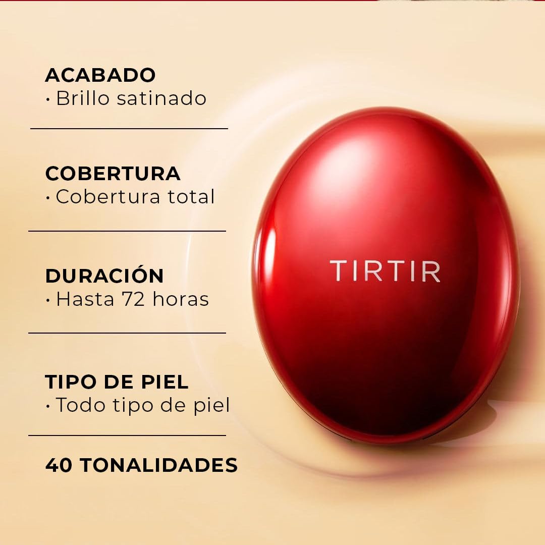 TIRTIR – Mask Fit Red Cushion 18 g – TONO 29N NATURAL BEIGE – Base de maquillaje de alta cobertura cushion – larga duración hasta 72 h – acabado satinado – ligera y transpirable