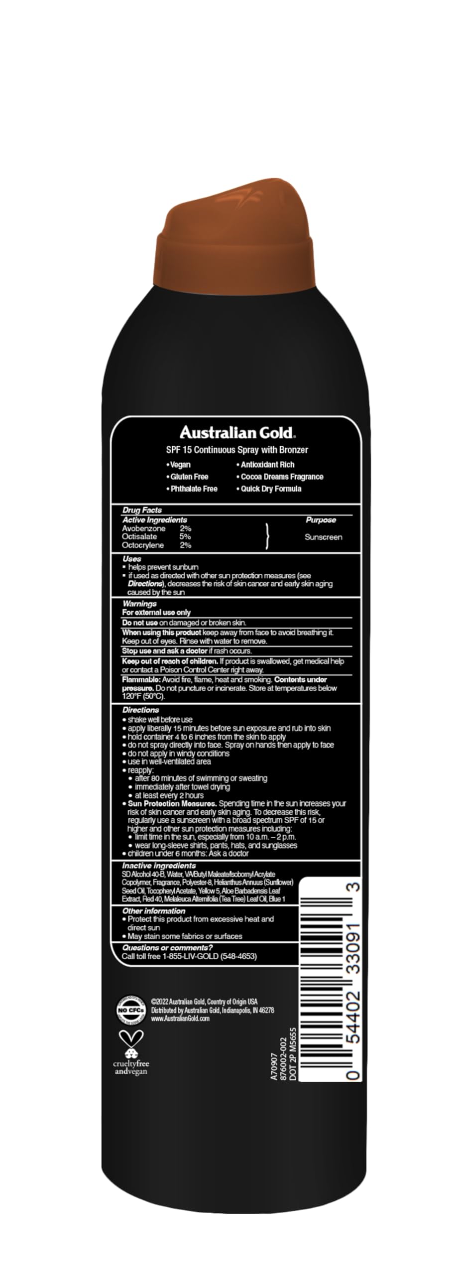 Australian Gold Instant Bronzer Water Resistant Sunscreen Spray SPF 15, 6 Ounce