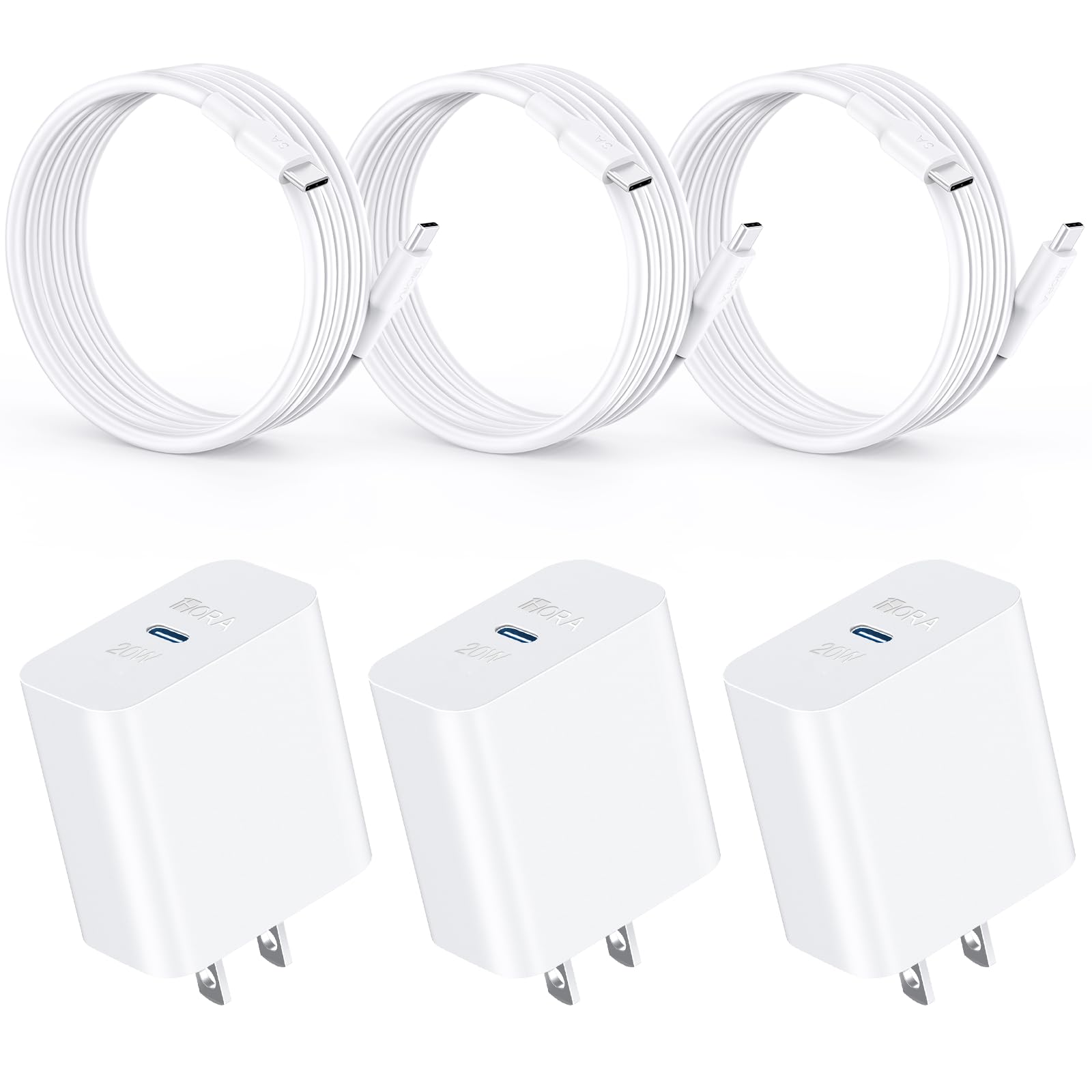 1 Hora Cargador USB C, 3-Pack PD 20W Cubo Cargador Tipo C Carga Rápida con Cable USB C a C 1M 3A, Cuadro de Carga Compatible para IP 15 Samsung Galaxy A55/S23/Note10/S20 Ultra/S10/S9/S8/Motorola