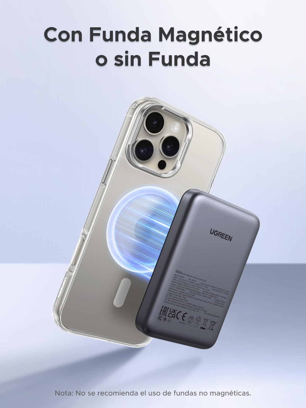 Batería Externa UGREEN Negro 10000mAh con Carga Rápida Inalámbrica PD 20W Magnética USB C Compatible para iPhone, Galaxy, Xiaomi, iPad, LG