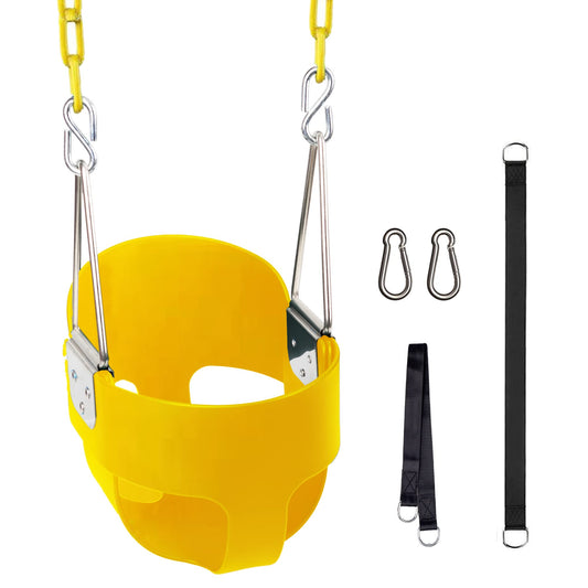 KINSPORY Asiento de Columpio, 150cm Columpio para bebé con Cadenas de Hierro Resistentes recubiertas, Juego de Columpio al Aire Libre con Respaldo Alto y Correas para árboles - Amarillo