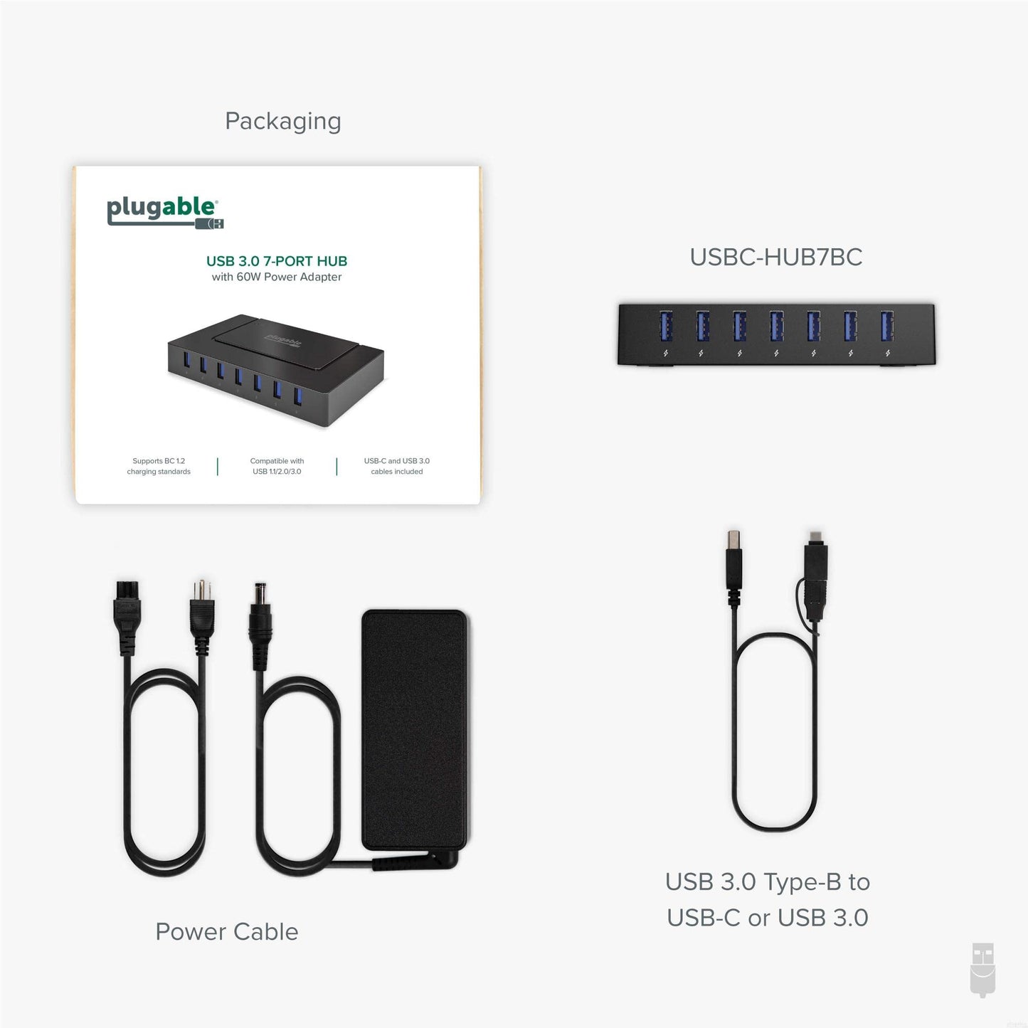 Hub de Carga USB Plugable Negro de 7 Puertos con USB-C para Transferencia de Datos y Alimentación de 60W
