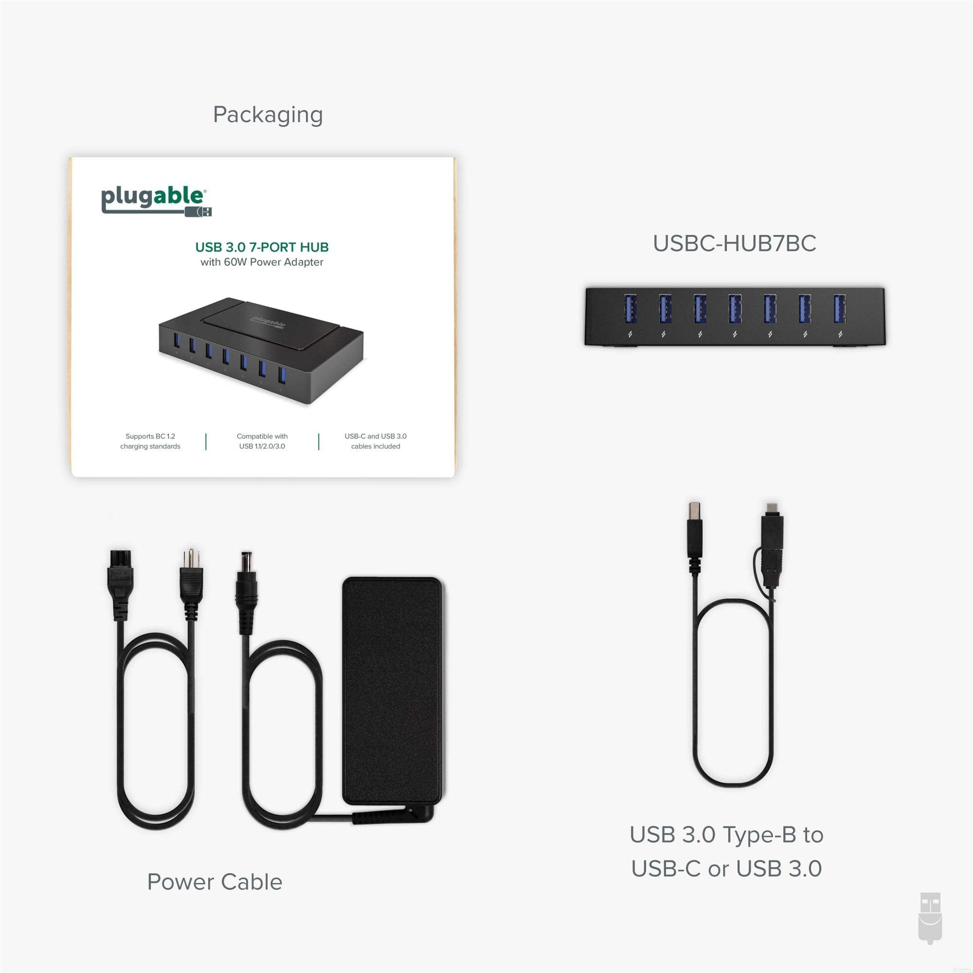Hub de Carga USB Plugable Negro de 7 Puertos con USB-C para Transferencia de Datos y Alimentación de 60W