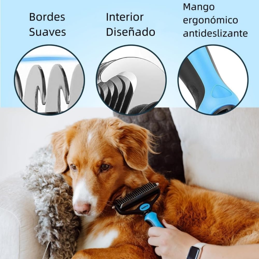 EDECOR Cepillo para Perros y Gatos, 2 en 1 Deslanador para Perro, Cepillo para Mascotas Quita Pelo, Peine Rastrillo para Perros para Eliminar Nudos y Enredos, Peine para Perros y Gatos de Pelo Corto o Largo (Azul)