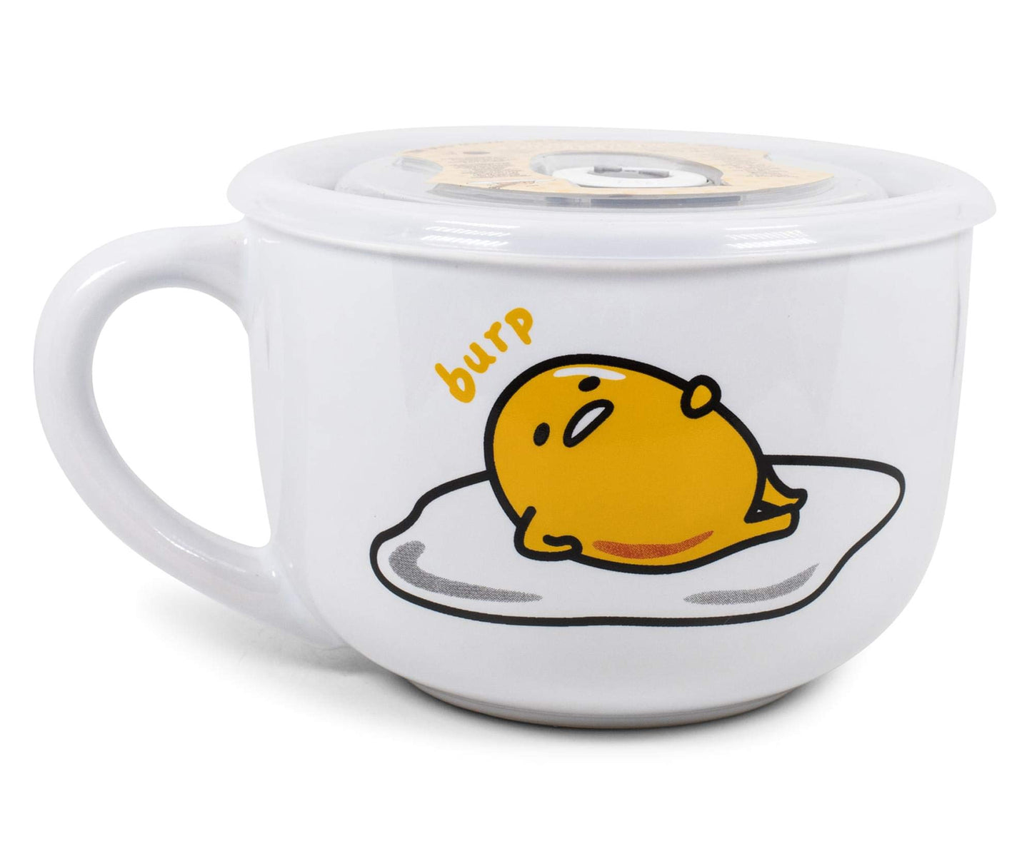 Taza de Sopa de Cerámica Silver Buffalo Sanrio Gudetama con Tapa Ventilada de Plástico 710 cc