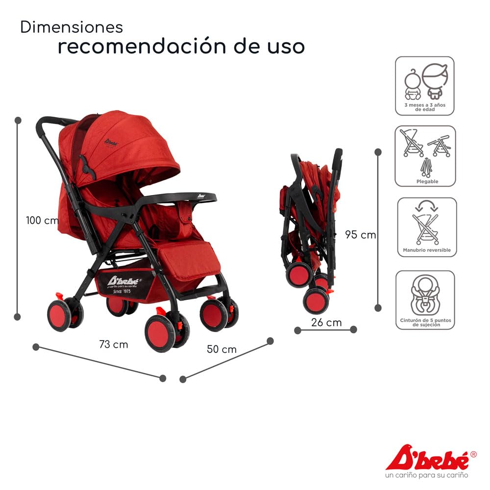 D´Bebé Carriola Baby BM Rojo - Manubrio ajustable a dos posiciones: posicion general y reversible - Respaldo con 3 posiciones de reclinado