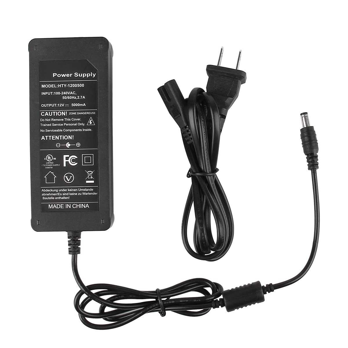 SUPERNIGHT 12V 5A Adapter, DC Barrel Conector, 2.1mm x 5.5mm, Compatible con Cámaras, 60W, 5A, 12V, 100-240V CA, 50/60Hz, Protección contra Cortocircuitos, Incluye 1 Adaptador de Alimentación y Cable
