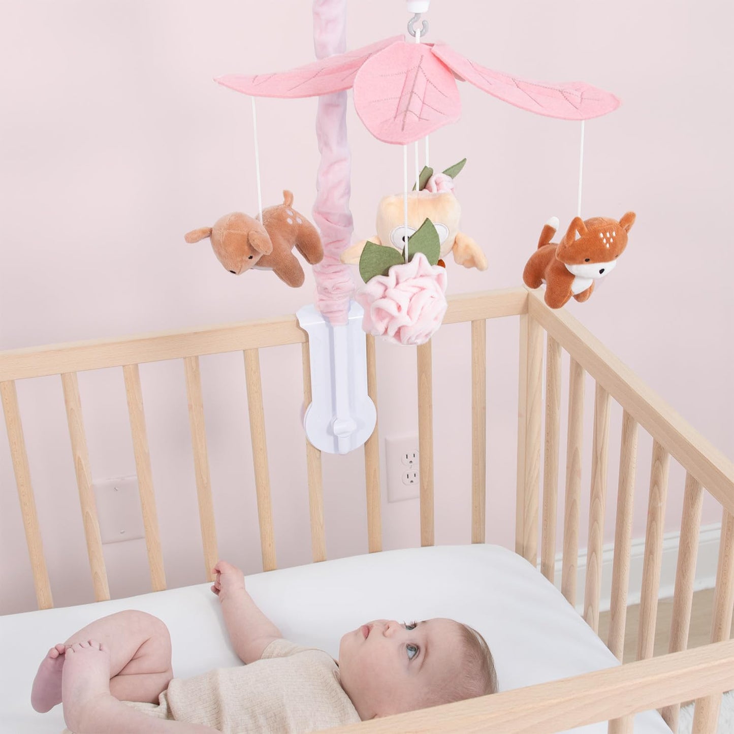Móvil de Cuna The Peanutshell para Niñas - Móvil Musical para Cuna de Bebé Rosa y Blanco con 12 Canciones de Cuna, Decoración de Guardería de Pequeño Bosque