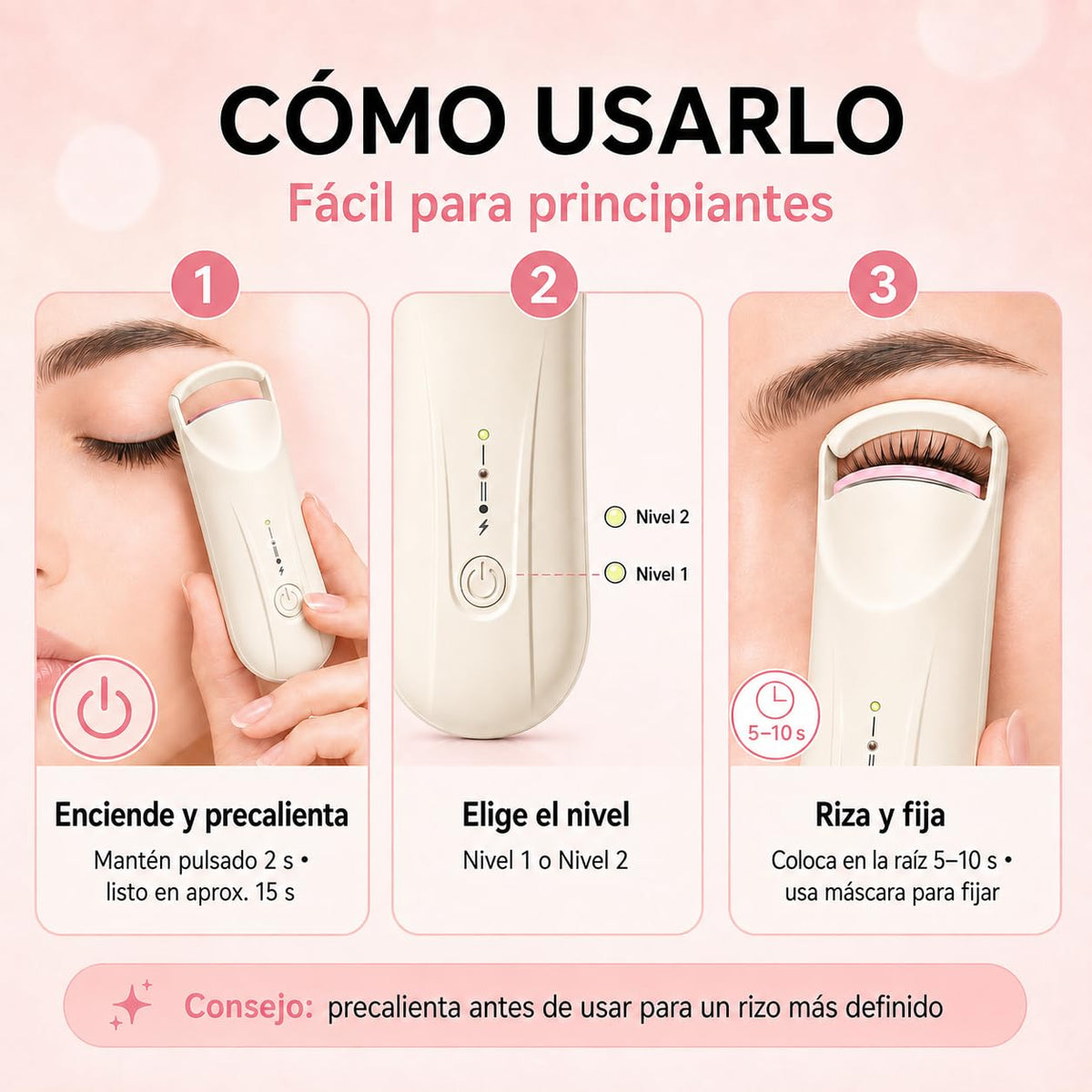 Rizador de Pestañas Eléctrico, Enchinador Térmico Recargable USB-C con 2 Niveles de Temperatura 65°C/85°C, Calentamiento Rápido y Curva 3D, Mini Rizador Portátil para Maquillaje