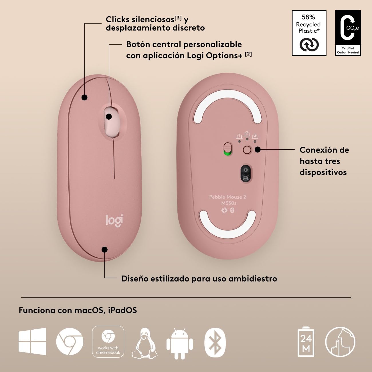 Logitech Pebble Mouse 2 M350s, estilizado Mouse inalámbrico Bluetooth, Ligero, Personalizable, clicks discretos, Easy-Switch, Windows, macOS, iPadOS, Android, ChromeOS - Rosa