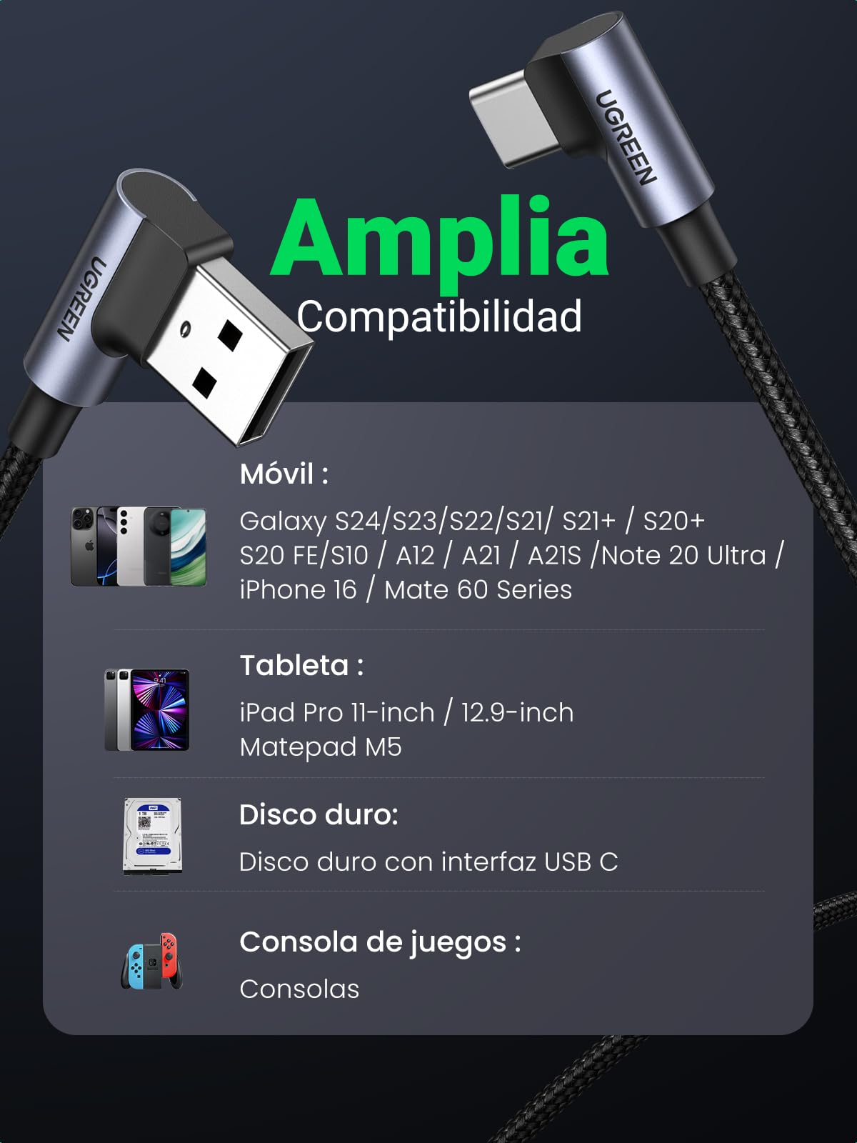 Cable USB Tipo C UGREEN 3M Negro Nylon Trenzado Carga Rápida para iPhone y Galaxy