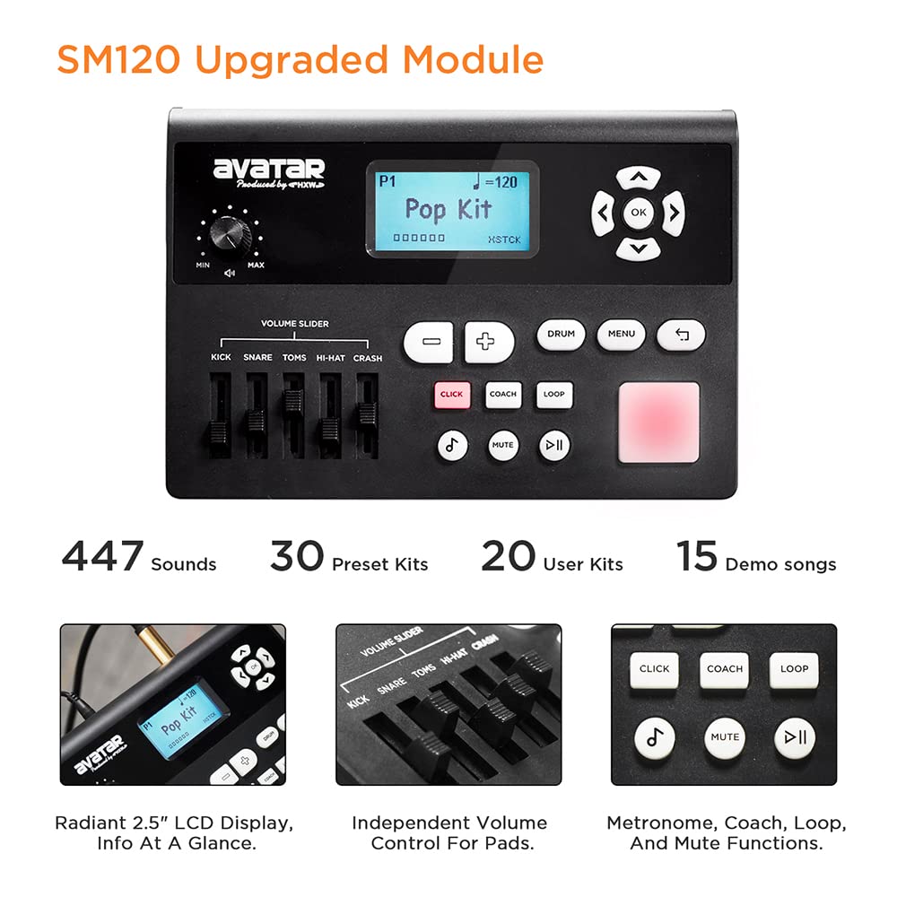 HXW SD61-5 Kit Batería Electrónica con Parches Silenciosos de Malla, Caja de Doble Zona de 8”, 440+ Sonidos Auténticos, USB MIDI, Pedal de Bombo