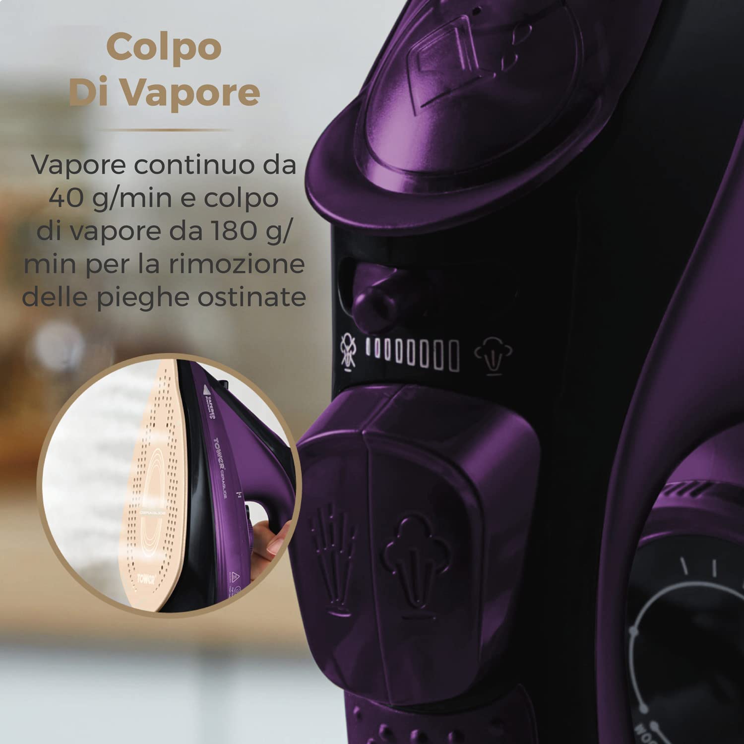 Plancha de Vapor Inalámbrica Tower CeraGlide morada con Suela de Cerámica y Vapor Variable