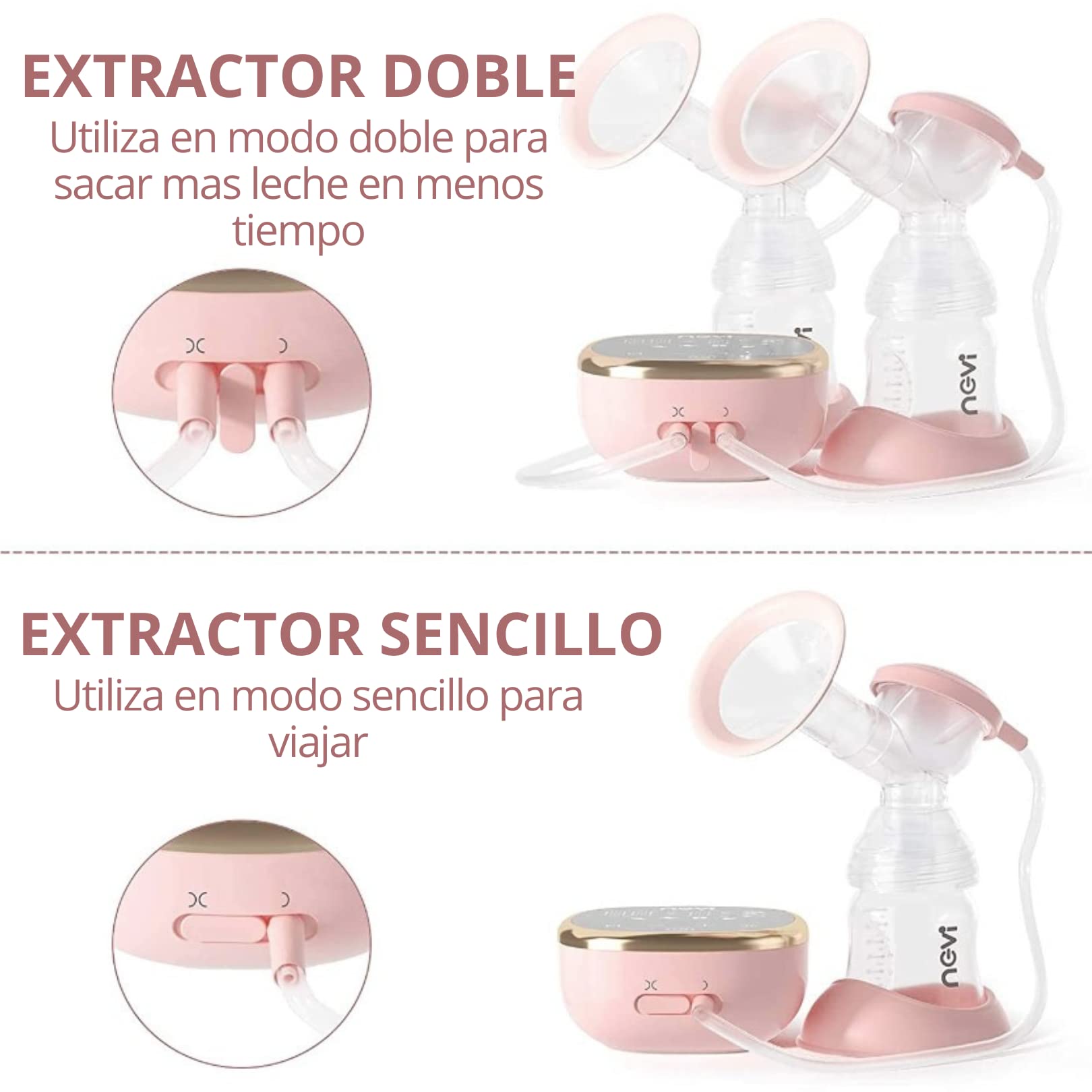 Extractor Eléctrico NeVI Blanco Doble Biberón Silencioso con 5 Modos y 9 Niveles de Velocidad