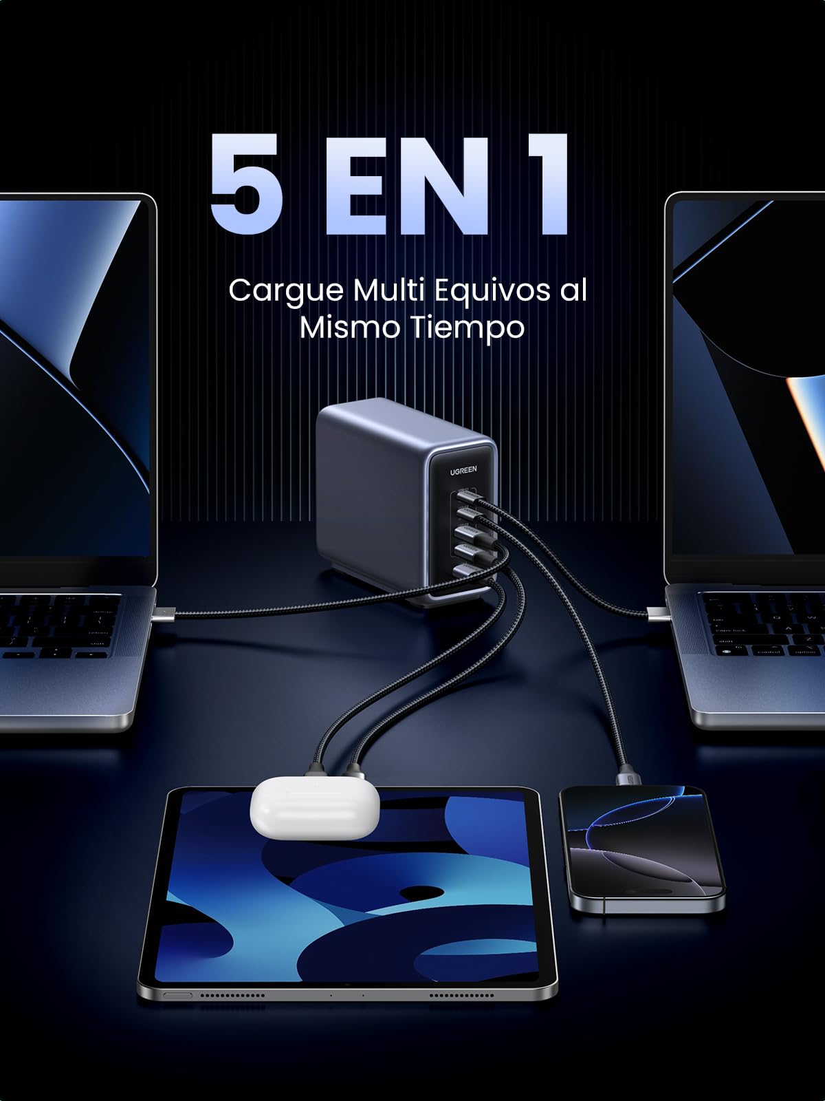 Cargador Tipo C UGREEN Nexode 300W GAN Negro con 5 Puertos Carga Rápida para MacBook, iPhone, Galaxy