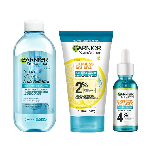 Garnier Express Aclara. Kit Anti Acné con Ácido Salicílico Y Vitamina C y AHA + Crema Hidratante Matificante Anti-imperfecciones, con Vitamina C, Acido salicílico y Niacinamida, 50ml/52g