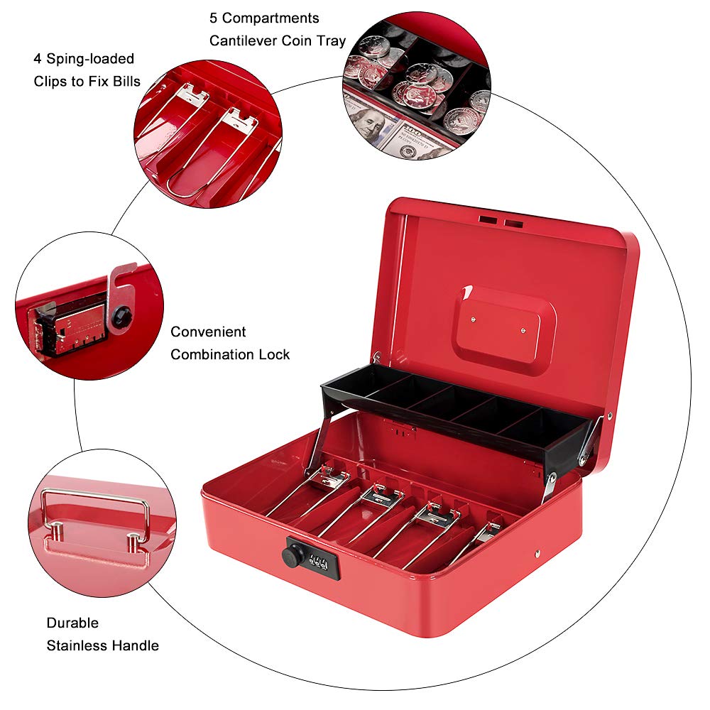Caja metálica con caja y cerradura combinada 11,8 "x 9,4" x 3,54 "caja estratificada roja